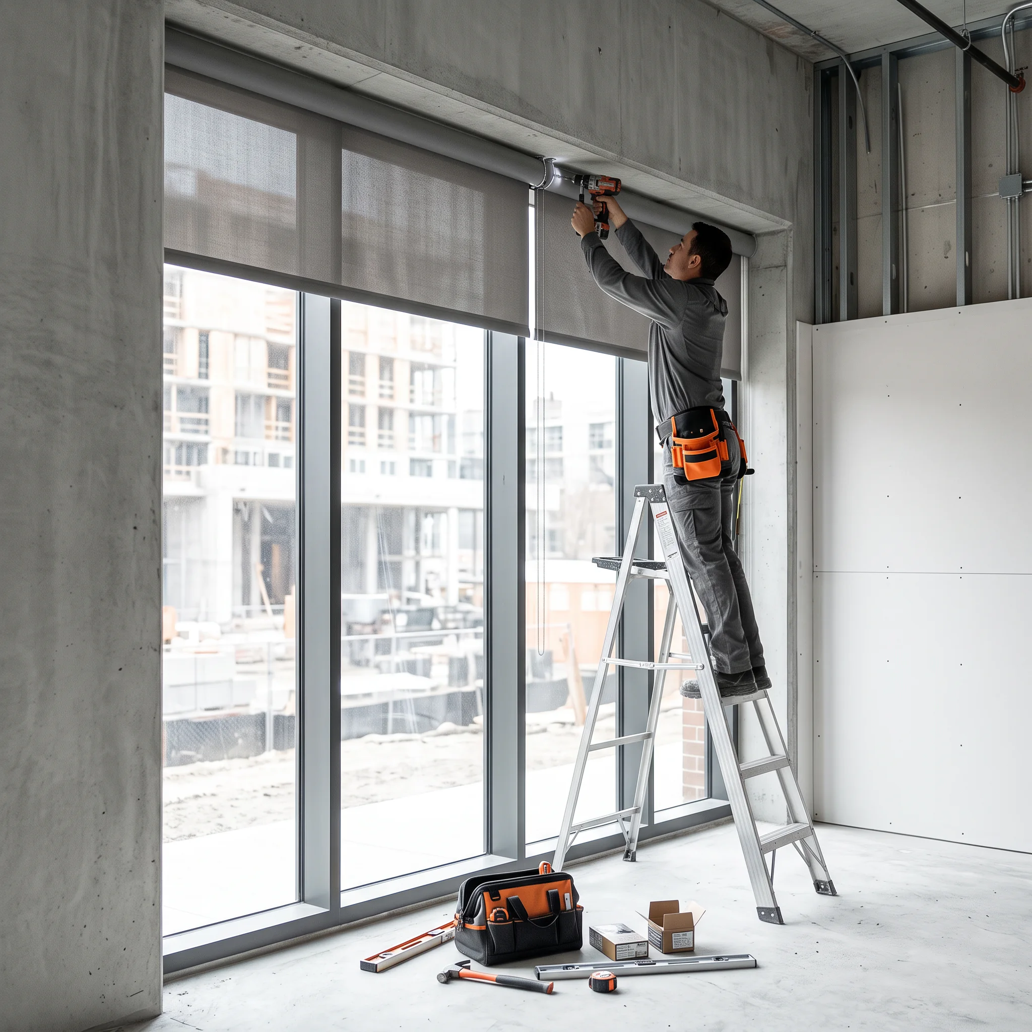 Technician installing custom roller shades on a commercial window wall